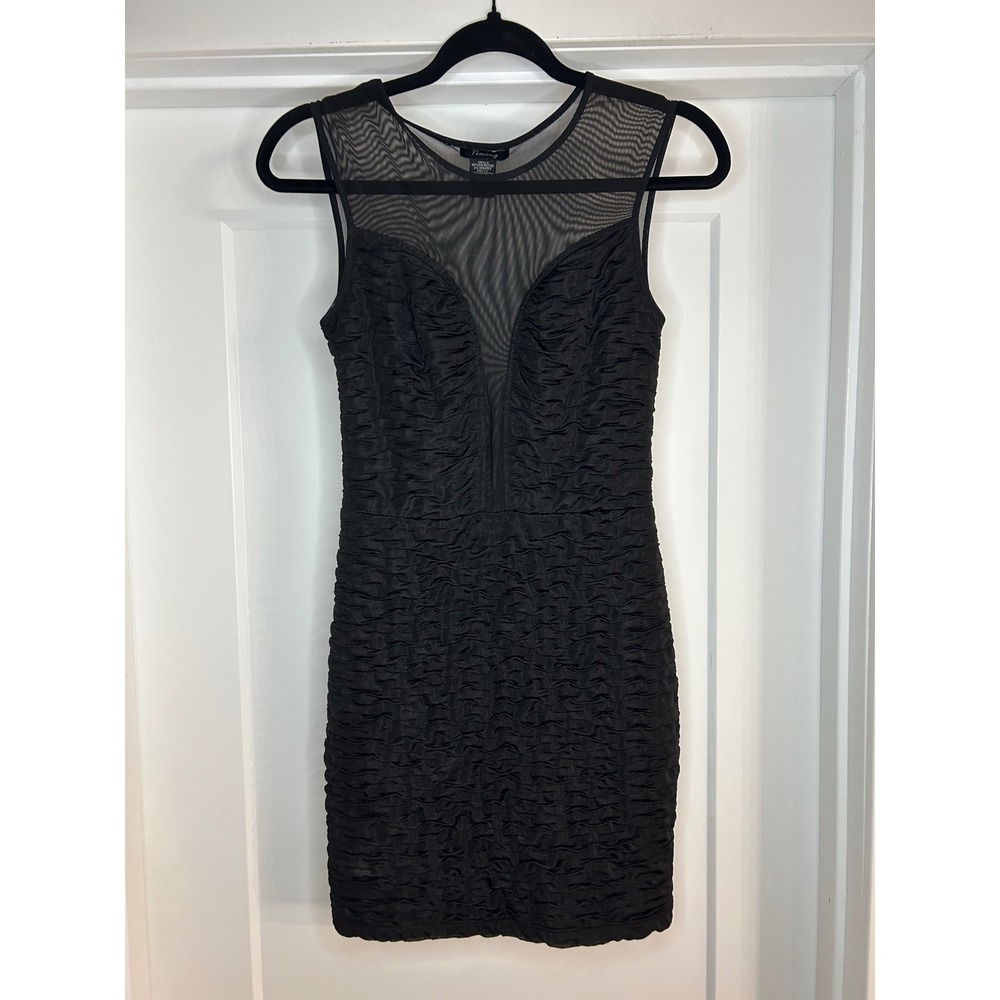 Timing Black Ruched Bodycon Mini Dress Sheer Mesh Illusion Neck Evening Small